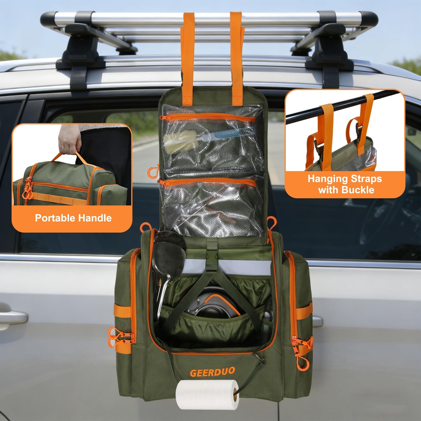 GeerDuo Tactical Camp Kitchen Organizer, Large Camping Utensil Storage Bag with Paper Towel Holder & Multi Pockets, Hanging Outdoor Cookware Organizer for Overlanding