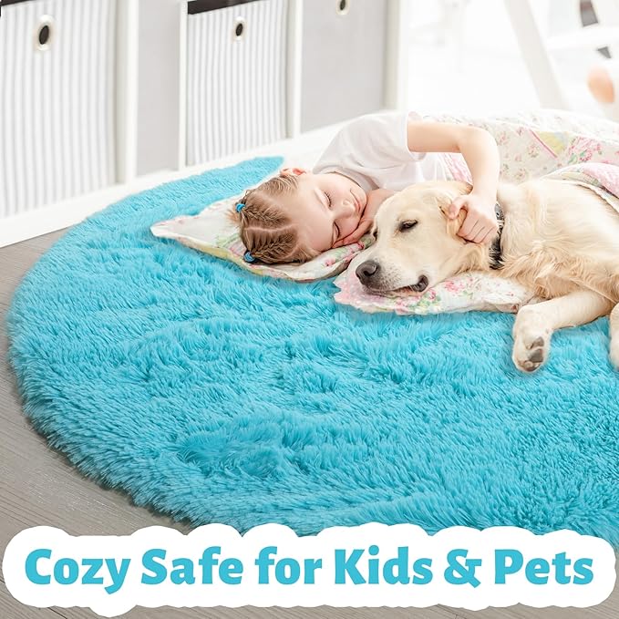 Amdrebio Blue Round Rug 5Ft for Bedroom, Fluffy Circle Area Rugs for Kids Room Baby Nursery Playroom, Living Room Decor Aesthetic, Plush Shaggy Fuzzy Turquoise Carpet for Apartment Preppy Classroom