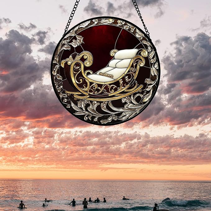 AMDERVEN Stained Glass Window Hanging 4 Pcs Set Christmas Golden Bell Sleigh Large 15" - Suncatcher Door Garden Sun Catcher Decor Birthday Mother's Day Xmas Gifts for Mom Woman Nana Men Parents