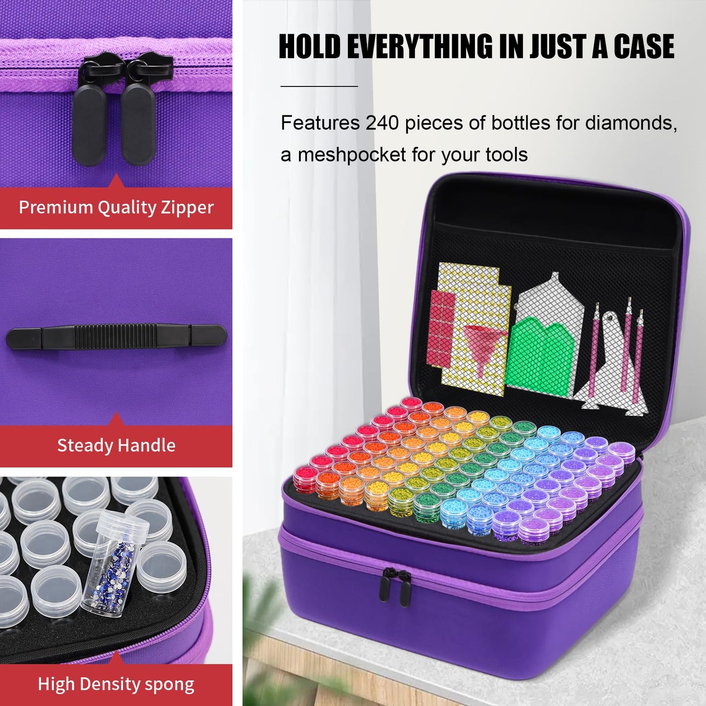 CAIOVSE Diamond Painting Storage Containers, 240 Slots Diamond Painting Accessories Kits Diamond Art Accessories and Tools for Craft Jewelry Rhinestones Bead Organizer (Purple)