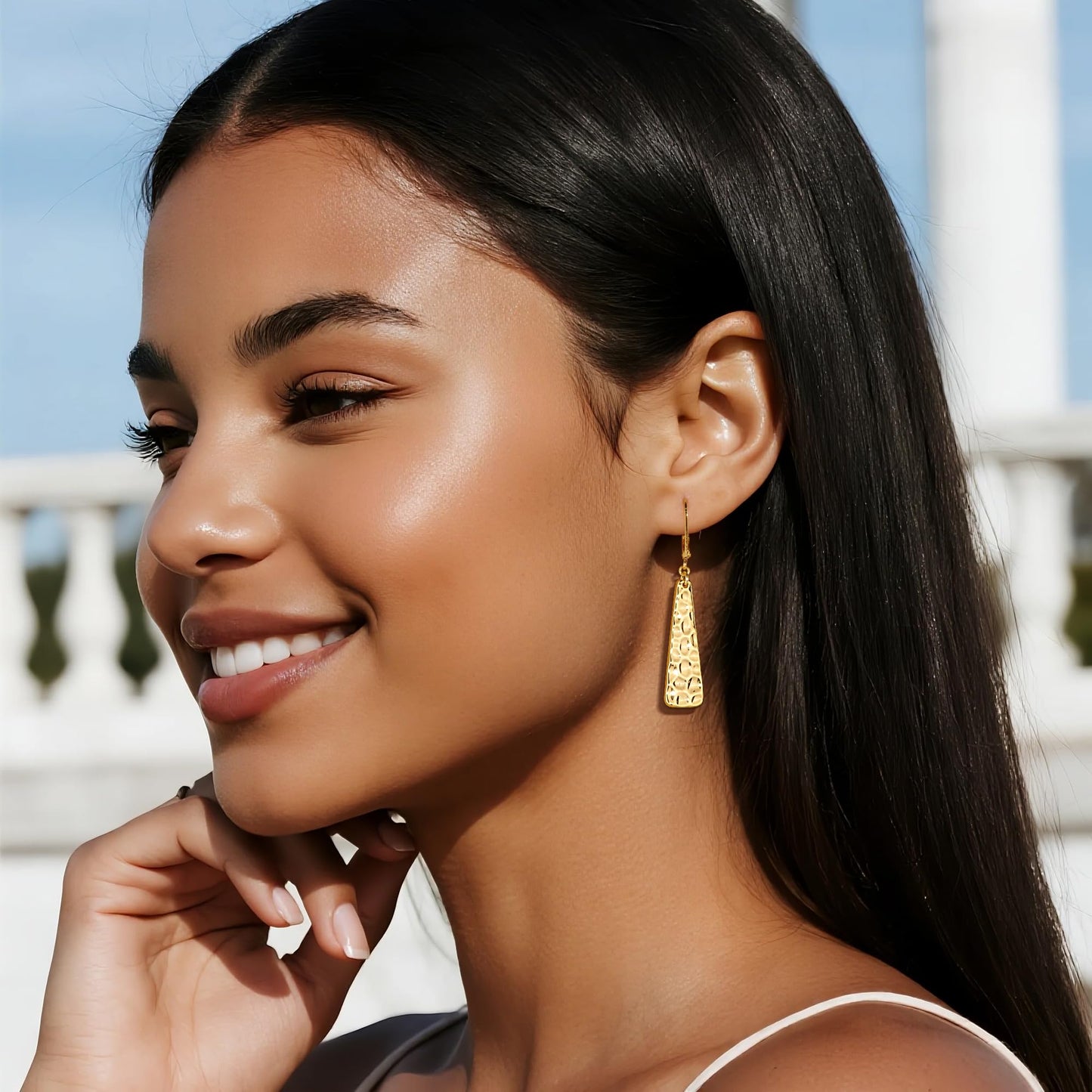 Gold Leverback Earrings, ALEXCRAFT 14K Gold Long Bar Hammered Dangle Earrings for Women Trendy Hypoallergenic 925 Sterling Silver Lightweight Statement Boho Dangling Drop Leverback Teardrop Earring