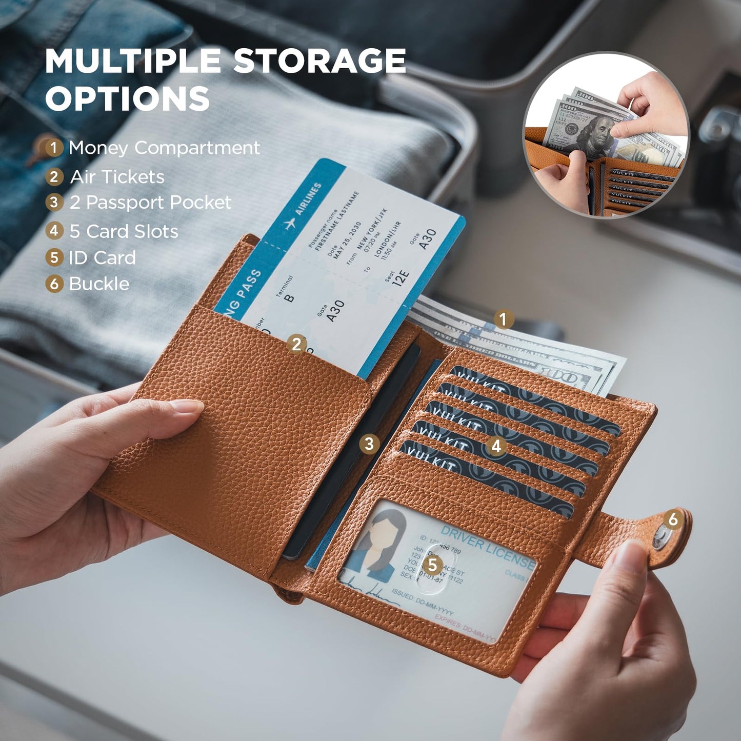 VULKIT Leather Passport Travel Wallet for 2 Passports Pocket Slim Double Passport Holder RFID Blocking with ID Window for Women or Men