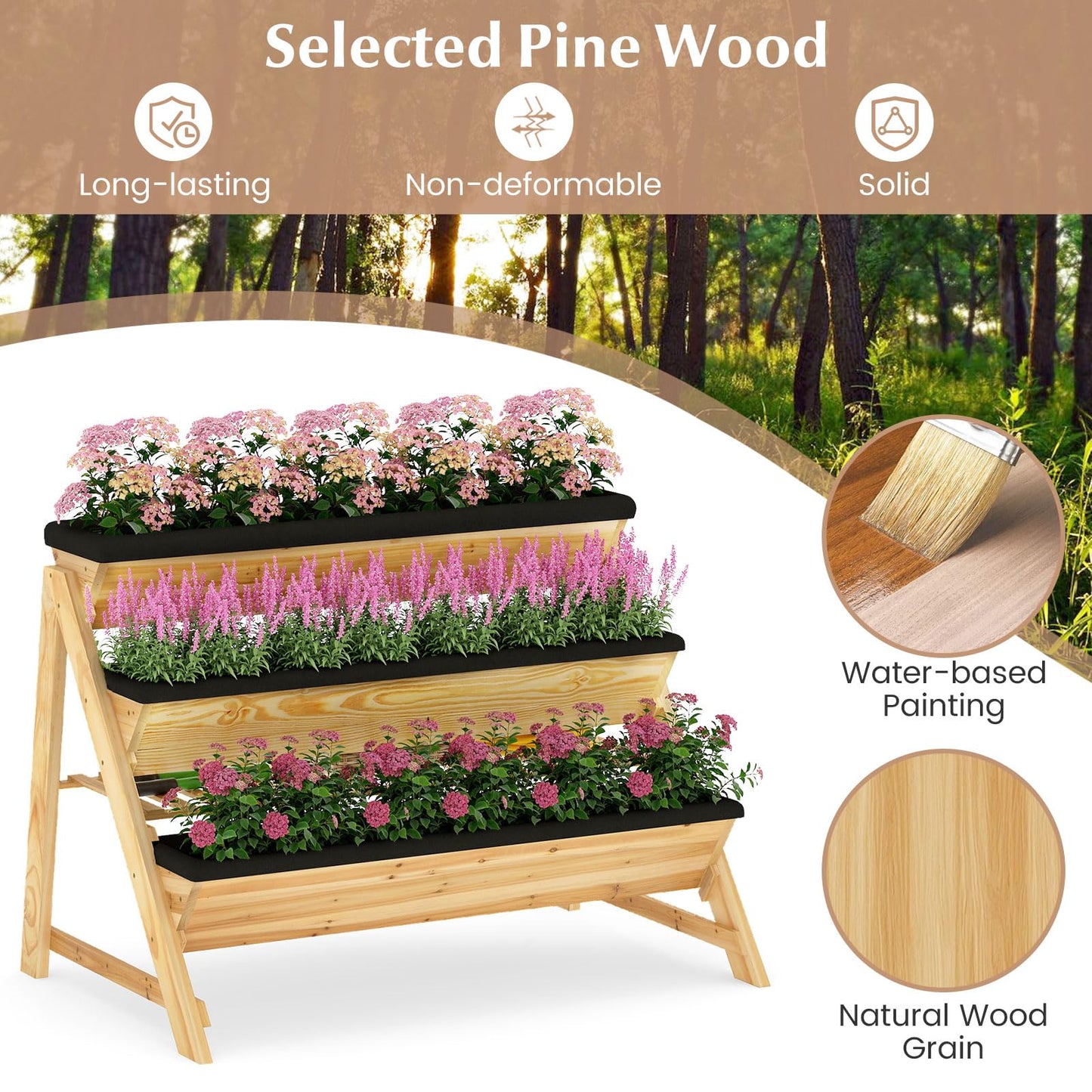 Giantex 3-Tier Vertical Raised Garden Bed, Wood Elevated Planter Box with Legs, Storage Shelf, Liners for Growing Vegetables Herbs Flowers, Indoor Outdoor Freestanding Raised Bed for Patio (Natural)