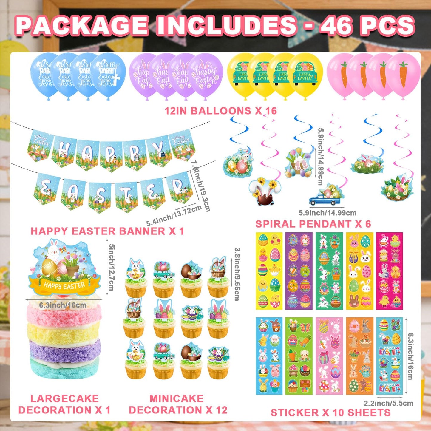 Favuit Happy Easter Party Decorations Kit, Easter Egg Bunny Party Supplies with Banner, Cake Topper, Cupcake Picks, Balloons, Stickers & Hanging Swirls for Home & Classroom