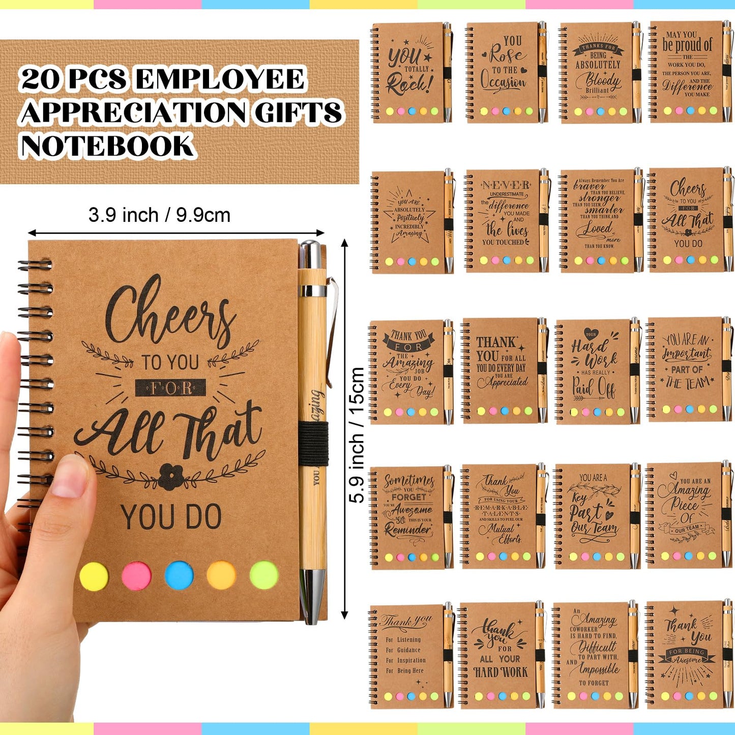 Skyygemm 20 Sets Employee Appreciation Gifts Spiral Notebook Journal with Sticky Notepad Index Tabs Thank You Gifts Notepad with Bamboo Pen Bulk for Teacher Cna Nurse Coworker(Motivational)
