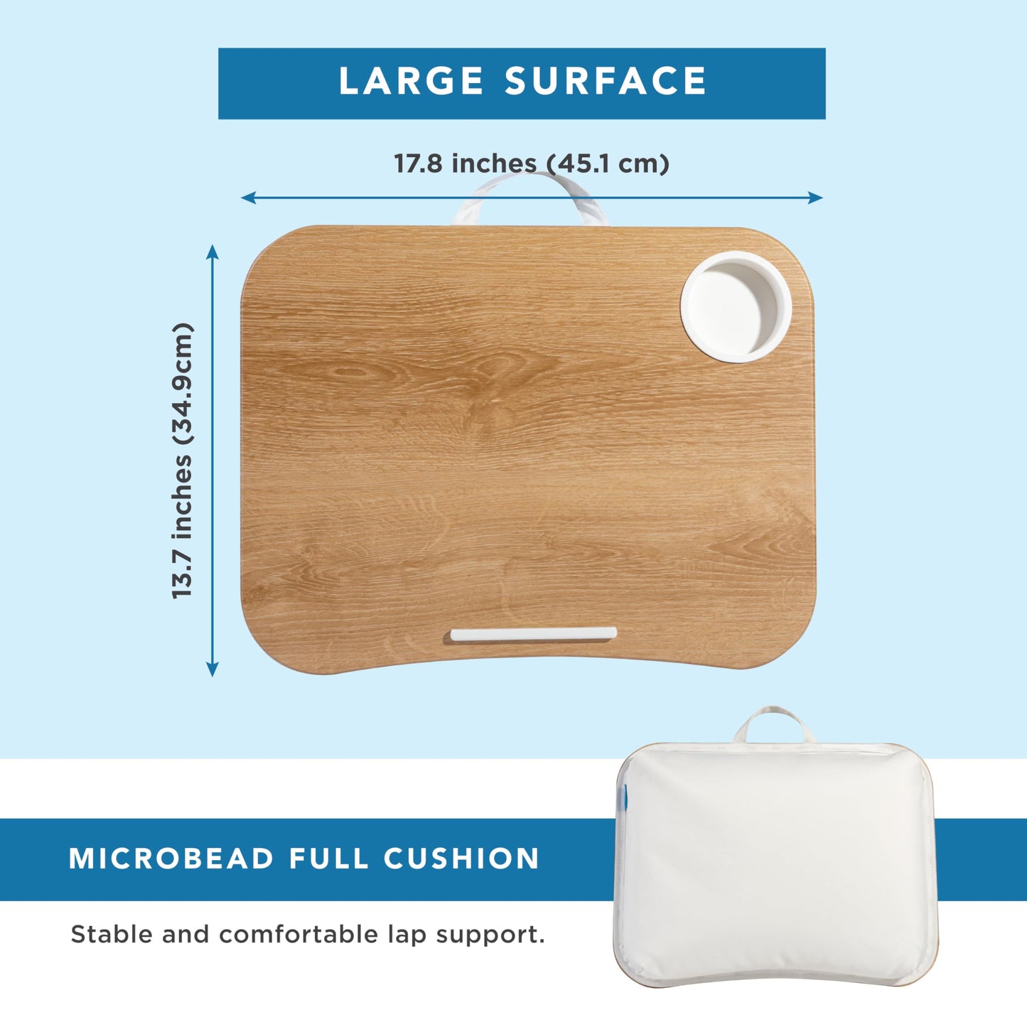 LAPGEAR Cup Holder Lap Desk with Device Ledge - White Oak Woodgrain - Fits up to 14 Inch Laptops - Style No. 46329