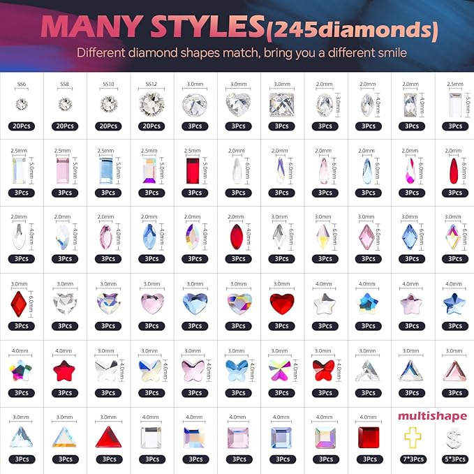 MYYKO 245PCS Tooth gems kit for Teeth,Tooth Gem Tooth Jewelry Set DIY Fashion Teeth Artificial Crystal Reflective Teeth, Used for Fashion Life and Parties