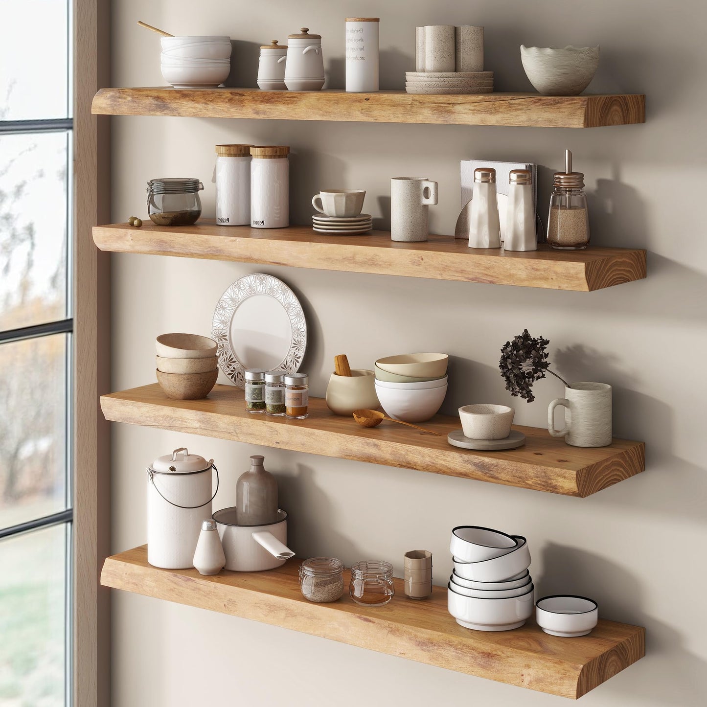 Venusmiles Live Edge Elm Floating Shelves for Wall Decor, Rustic Solid Wood Shelves Wall Mounted with Invisible Bracket for Living Room Bathroom Bedroom Kitchen, 24 Inch Set of 2, Natural