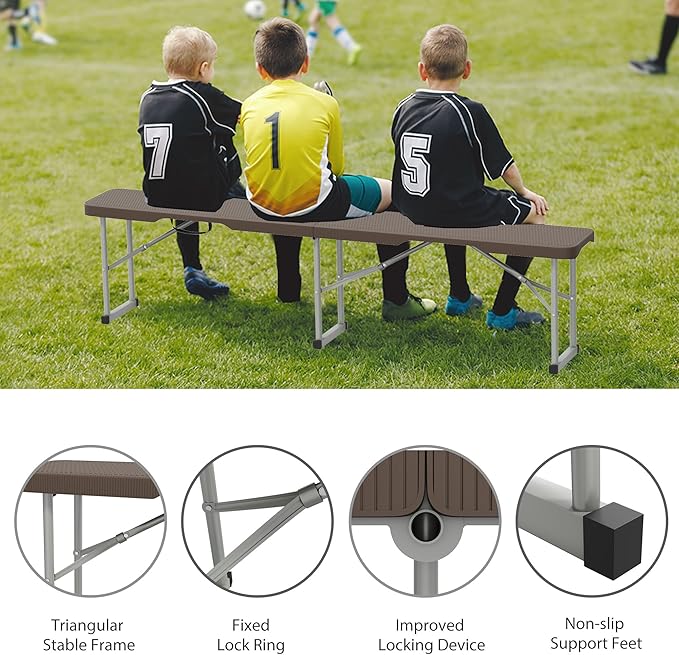 6ft Plastic Folding Bench with Carrying Handle & Lock, Portable Outdoor Bench in Garden Picnic Camping Dining Party Seat, Waterproof Bench for Soccer Activities, Ratten Patterned(2 Pack)