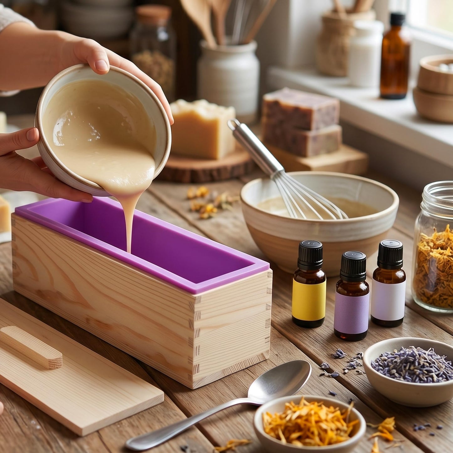 ZEONHEI 6 PCS 42 Oz Purple Silicone Soap Molds Loaf, Flexible Rectangular Soap Making Molds with Wood Box Wooden Covers, DIY Soap Molds for Soap Making