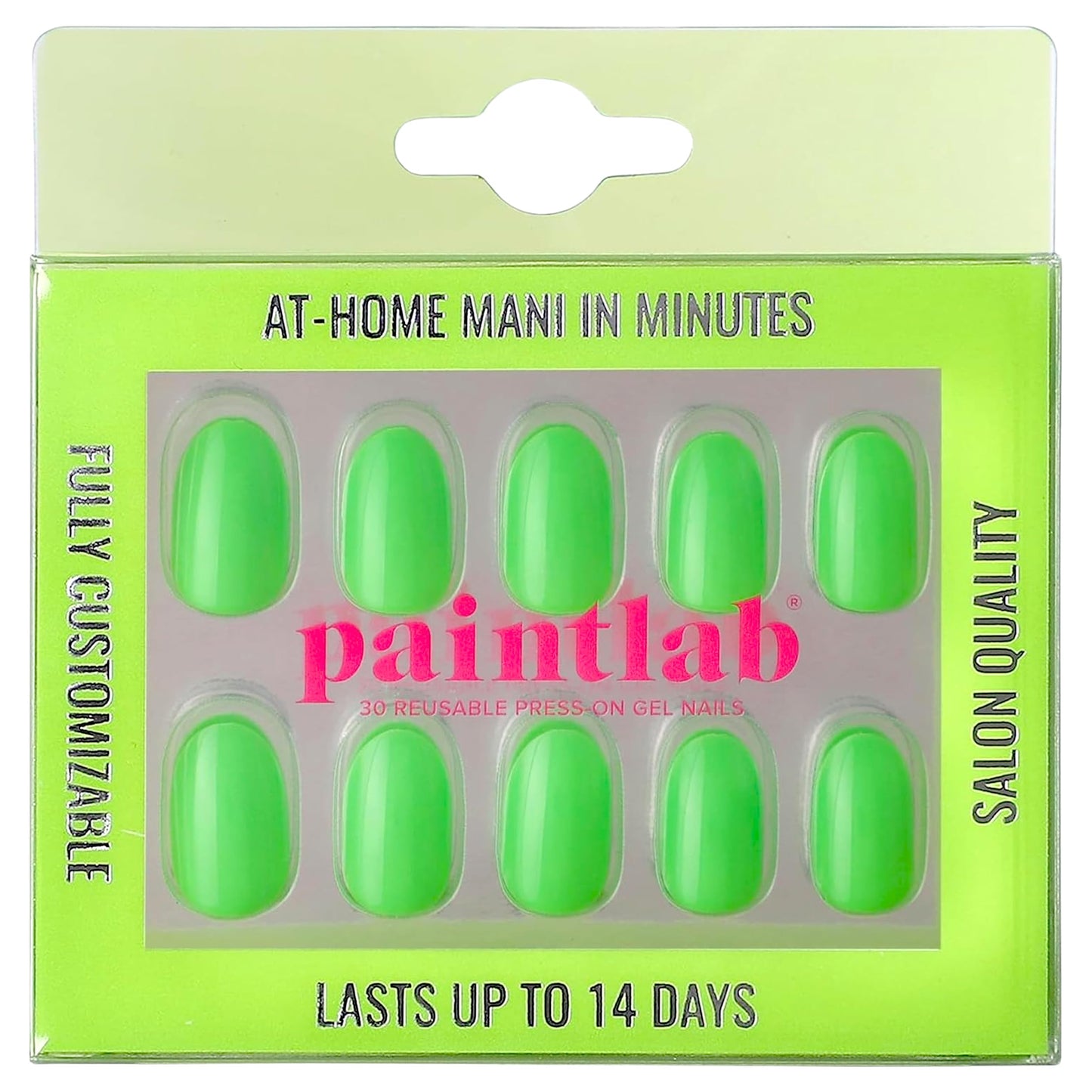 PaintLab Press-On Nails Manicure Kit, Neon Green Oval, 30-Piece Set, Long-Lasting Fake Nails with Glue, File, Prep Pad & Cuticle Stick