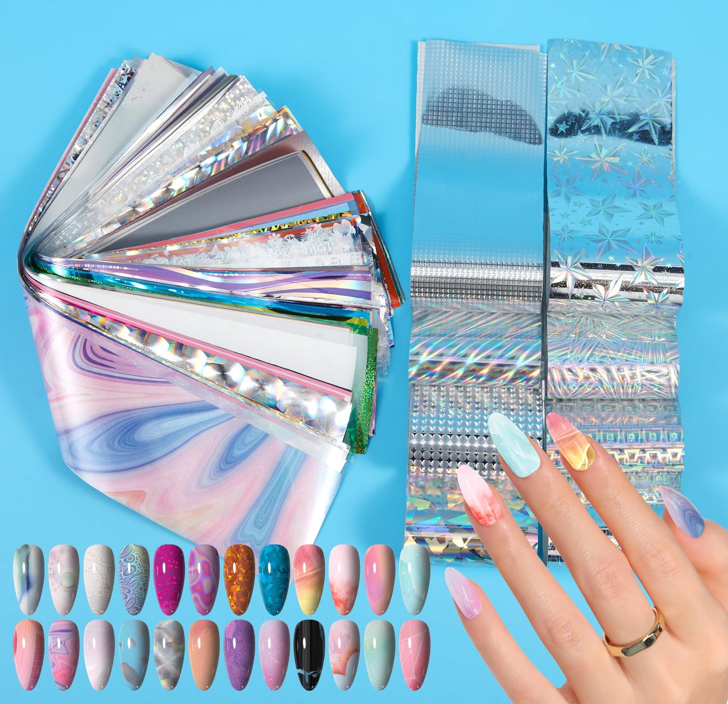 JERCLITY 300 Sheets Nail Foil Transfer Stickers Set Aurora Iridescence Gradient Nail Foils Transfer Nail Art Laser Solid Color Design Foil Sheets for Women Girls