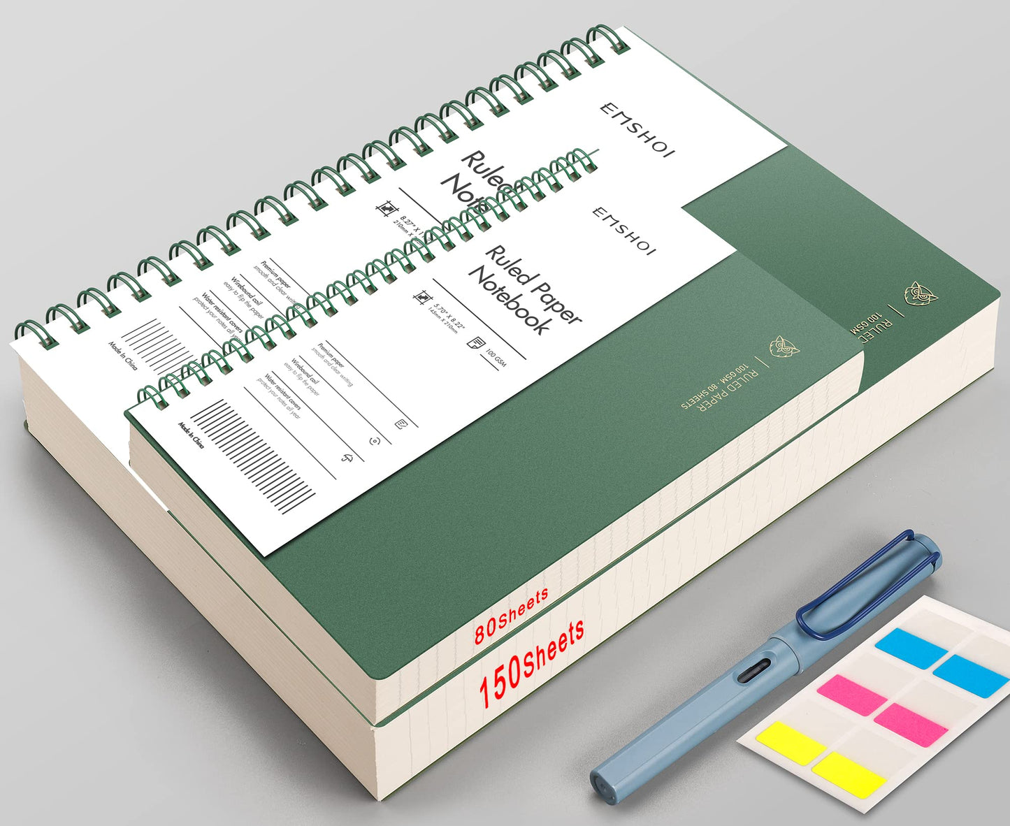 EMSHOI A4 Spiral Notebook College Ruled, 11.2" X 8.27", 150 Sheets/300 Pages, 100gsm Thick Lined Journal, Waterproof Softcover, Twin-Wire Binding, for School Work Business Writing, Gifts - Green