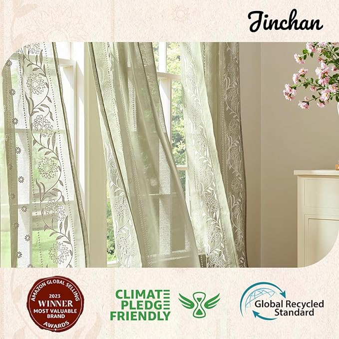 jinchan Winslow Sheer Curtains 63 Inch Length for Dorm Bedroom Bordered Floral Pattern Decorations Short Curtains Light Filtering Window Treatments, 50W x 63L, Ivory on Sage, 2 Panels