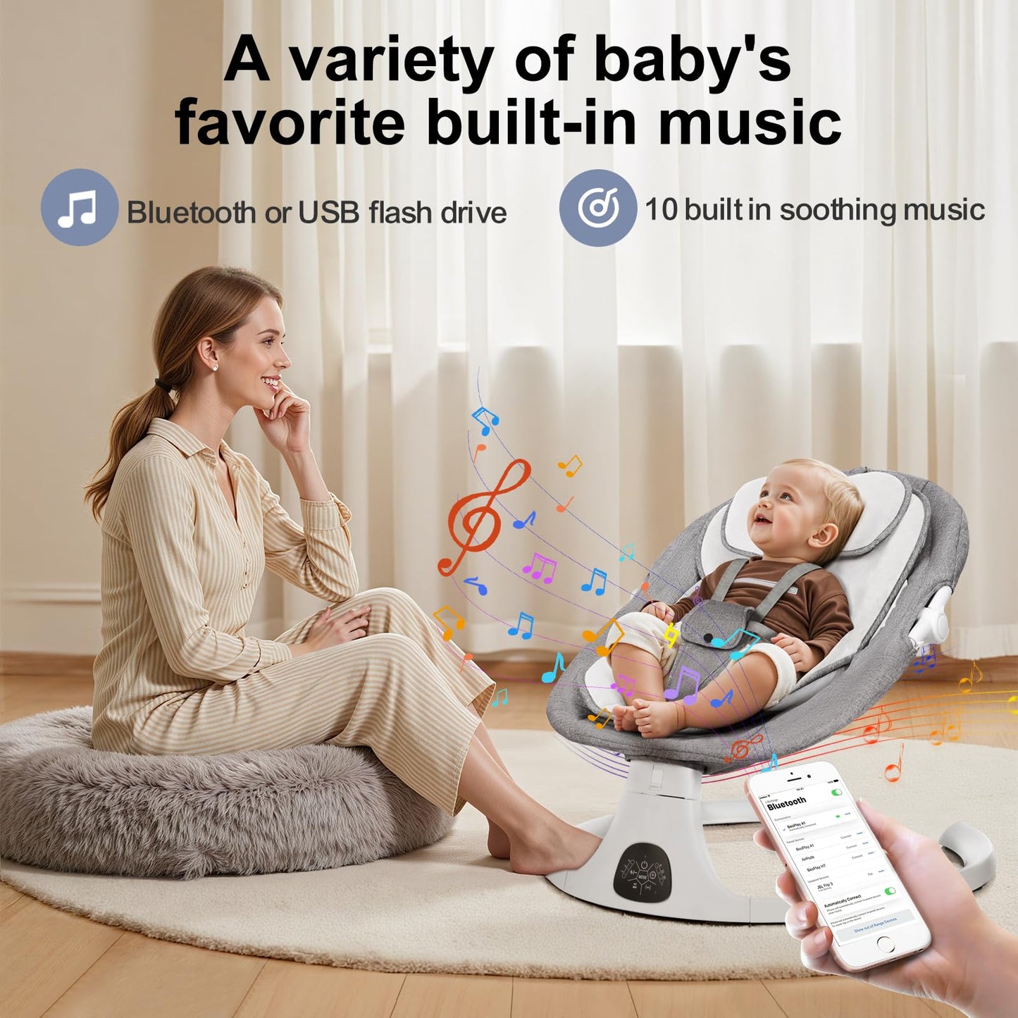 Baby Swing 3 in 1 Multifunctional Infant Rocker, Portable with Remote Control, 5-Point Seat Belt, 5 Auto Rocking, 3 Speed Timer, Electric with Music (0-12 Months) (Grey)