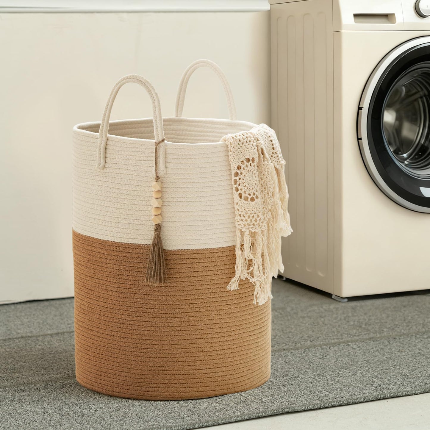 MANYOND Blanket Basket 58L, Woven Laundry Hamper Tall Laundry Basket with Boho Wooden Tassels, Large Cotton Rope Storage Basket for Blankets Pillows Toys, Living Room Nursery Bedroom Decor