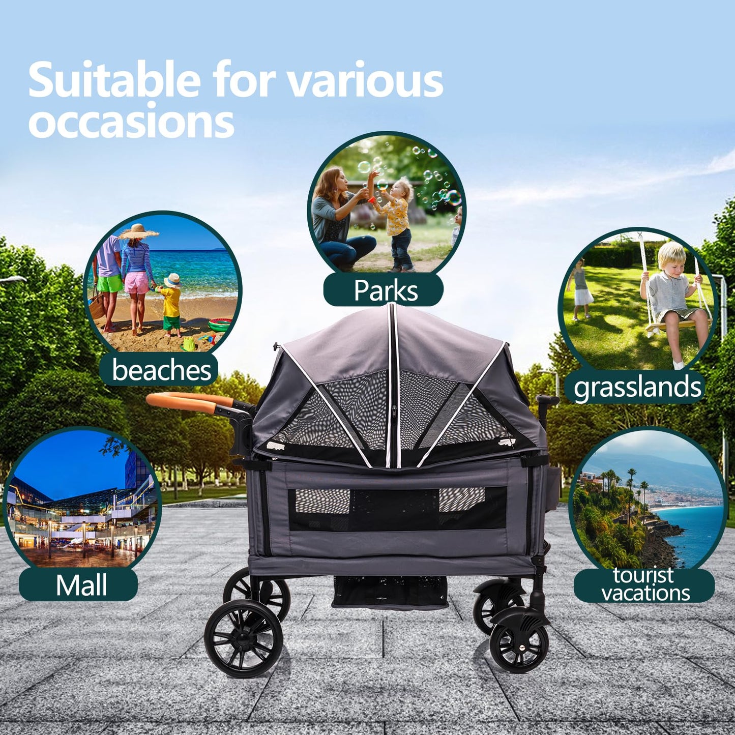 Luxury Wagon Stroller for 2 Kids & Cargo-Lightweight Foldable Travel Push Pull All-Terrain Double Wagon for Newborn&Toddler with 5-Point Harness,Adjustable Handle, Canopy,Tray Table,Cup Holder