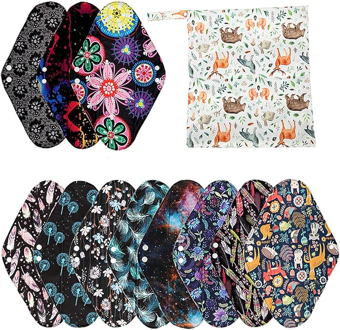 12 Pieces Cloth Menstrual Pads,Reusable Sanitary Pads,Size 14 inch Overnight,Unscented