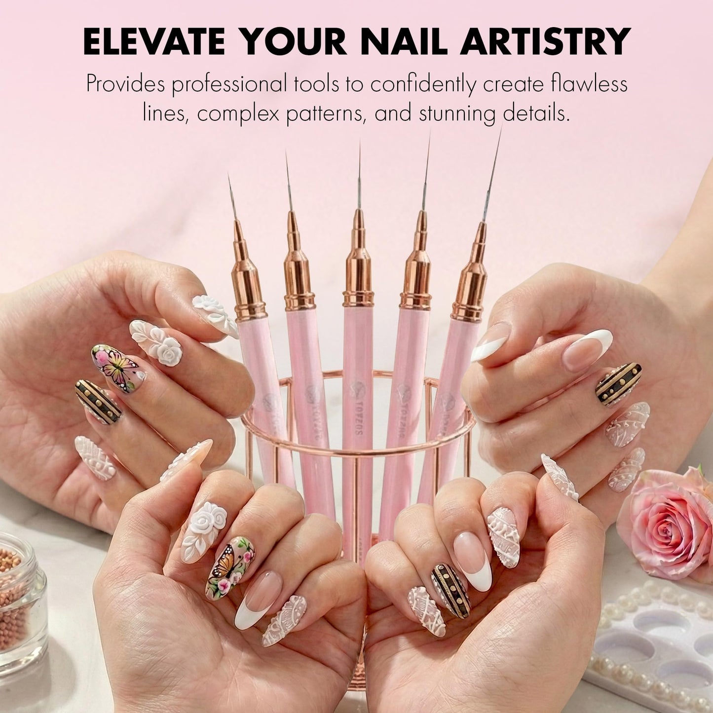 TOYZOS Thin Nail Art Brush Set - Professional Detailing Liner Brushes with Rose Gold Accents for Intricate Nail Art Designs, Pink Handles, Precision Tips & Long-Lasting Bristles (5 Different Sizes)