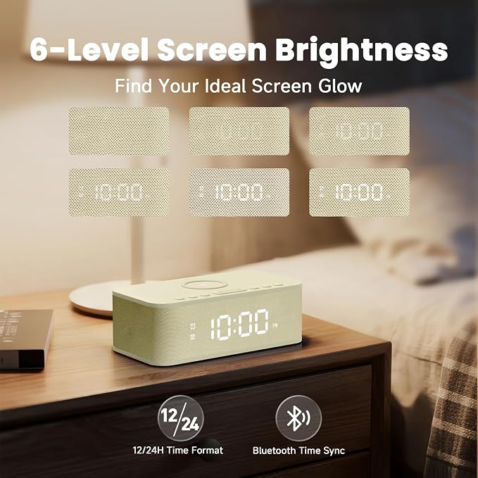 Digital Alarm Clock White Noise, Loud Digital Alarm Clocks Bedrooms, Alarm Clock Speaker Wireless Charger AUX USB Bluetooth Speaker 12/24H Dual Alarm Snooze Adjustable Brightness, Cream