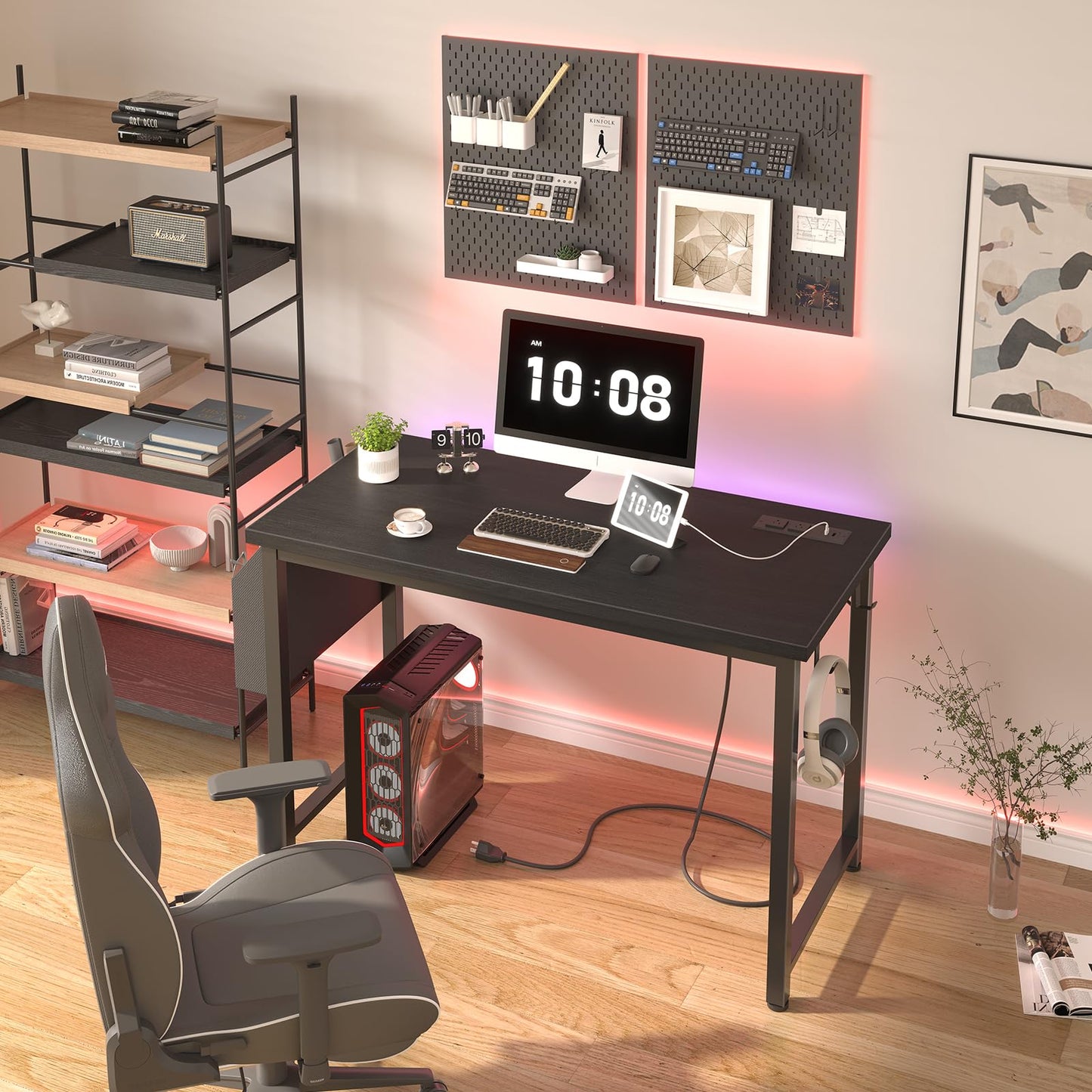 Lufeiya 39 inch Computer Desk with Power Outlet, 40 inch Teen Study Table Home Office Work Writing Desks with Charging Station Outlets Built in, Black