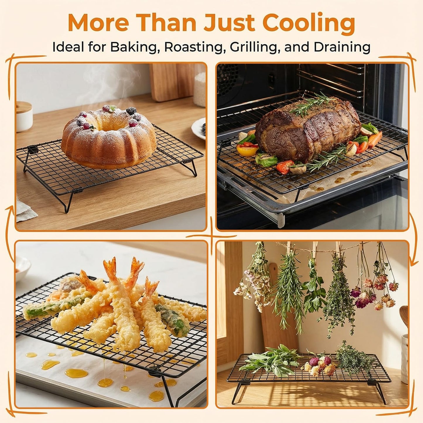 Ckhoid 4 Pcs Cooling Racks for Cooking and Baking, 13.4 x 9.4 Inch Carbon Steel Cookie Cooling Racks, Stackable Baking Rack for Oven Cooking Cooling Roasting Making Jerky (Black)