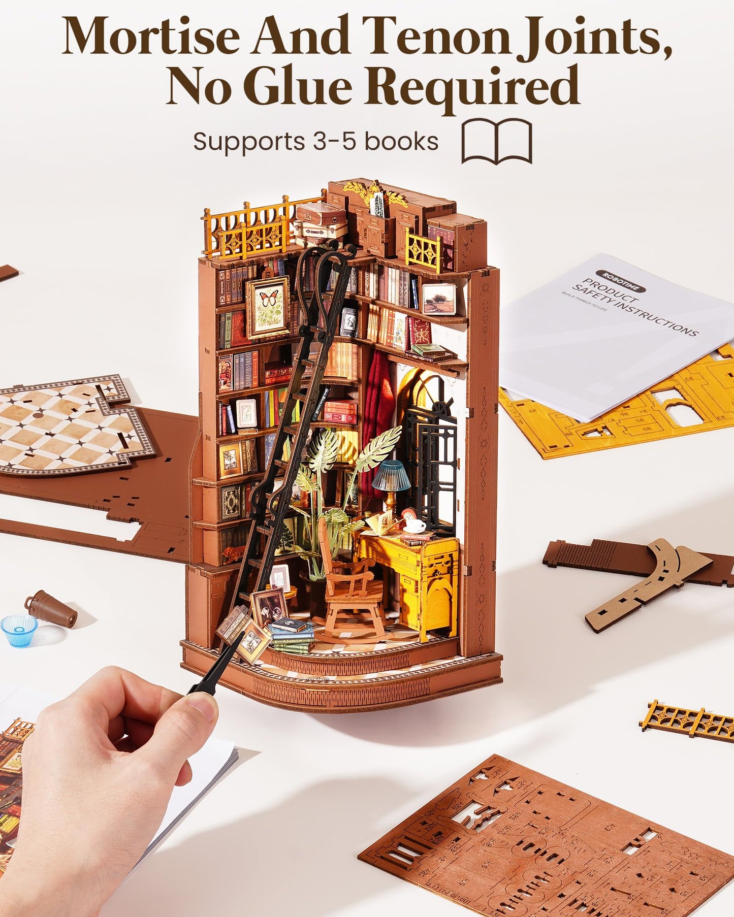 Rolife 3-Hour Easy Build Dark Academia Book Nook Kit, Silent Corner Study TGE02, 3D Wooden Puzzle for Adults, Beginner DIY Miniature with LED Light, Aesthetic Bookshelf Insert & Bookend