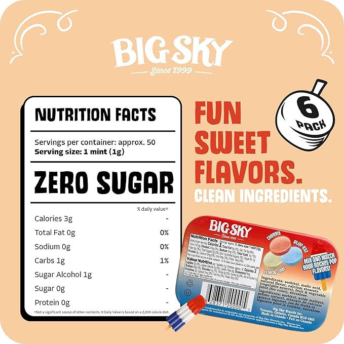 Big Sky Sugar Free Mints Rocket Pop | No Artificial Colors or Flavors | Kosher, Vegan, Gluten Free | Aspartame & Xylitol Free | 50 Count Tin (Pack of 6)