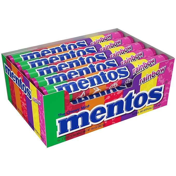 Mentos Chewy Mint Candy Roll, Rainbow, Non Melting, Party, 14 Pieces (Bulk Pack of 15)