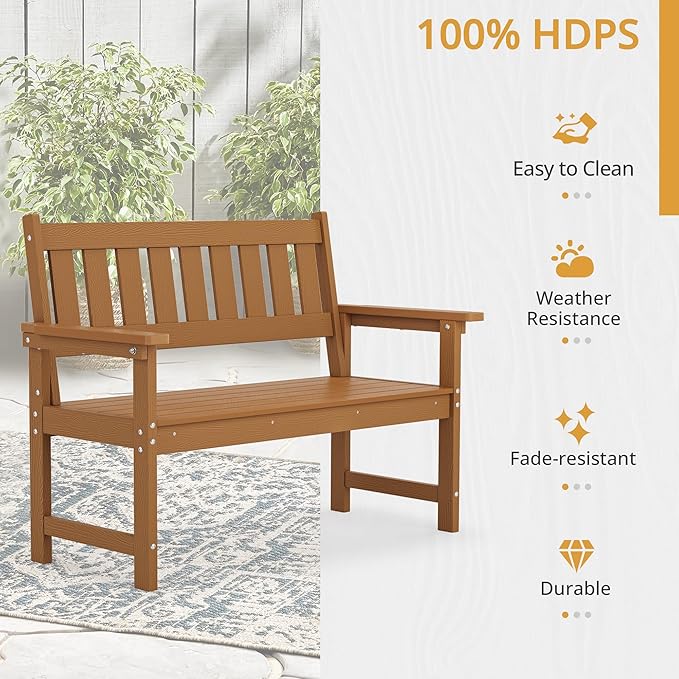 LUE BONA Outdoor Bench, 2-Person HDPS Garden Bench, Outdoor Benches Weatherproof, All-Weather Fade/Rot Resistant Patio Bench for Park, Front Porch, Backyard (Brown-Oil Printed)
