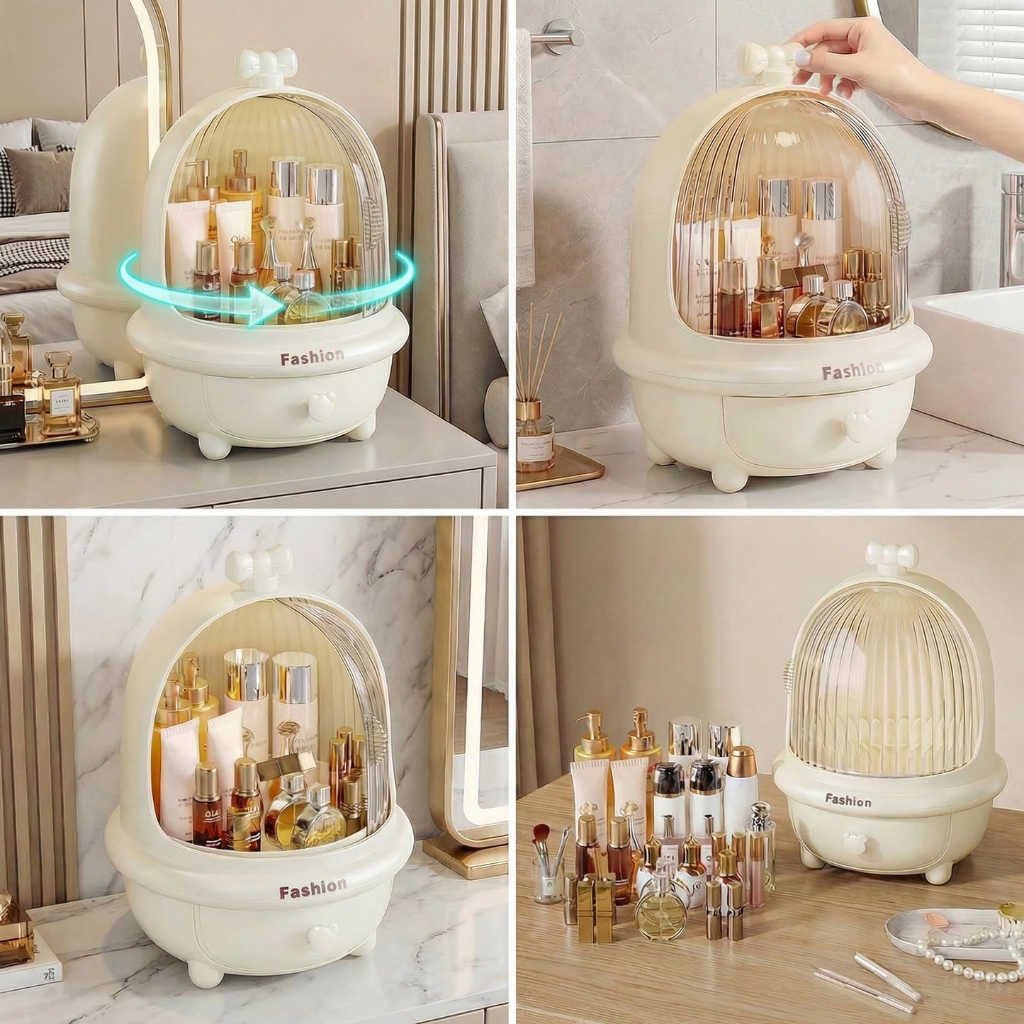 TIMBERHIDE 360° Rotating Cosmetic Storage Box,Cute Fashion Makeup Organizer with Drawer,Dustproof Skincare Display Case for Vanity Countertop Bathroom,Ideal Gift for Women（Cream）