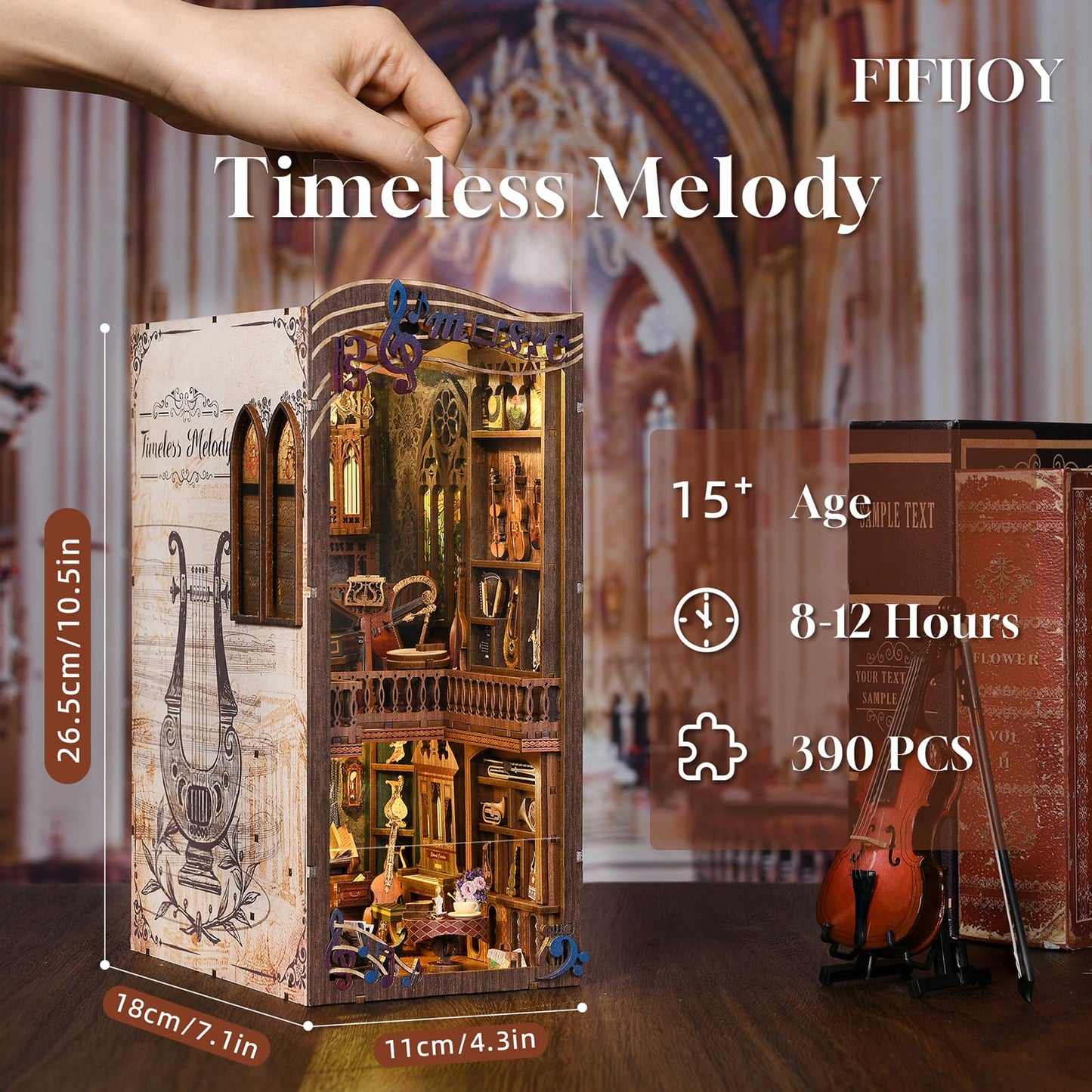 fifijoy Book Nook Kit - Timeless Melody DIY Miniature House Kit, 3D Wooden Puzzle Bookend Bookshelf with LED Light for Adults (Timeless Melody)