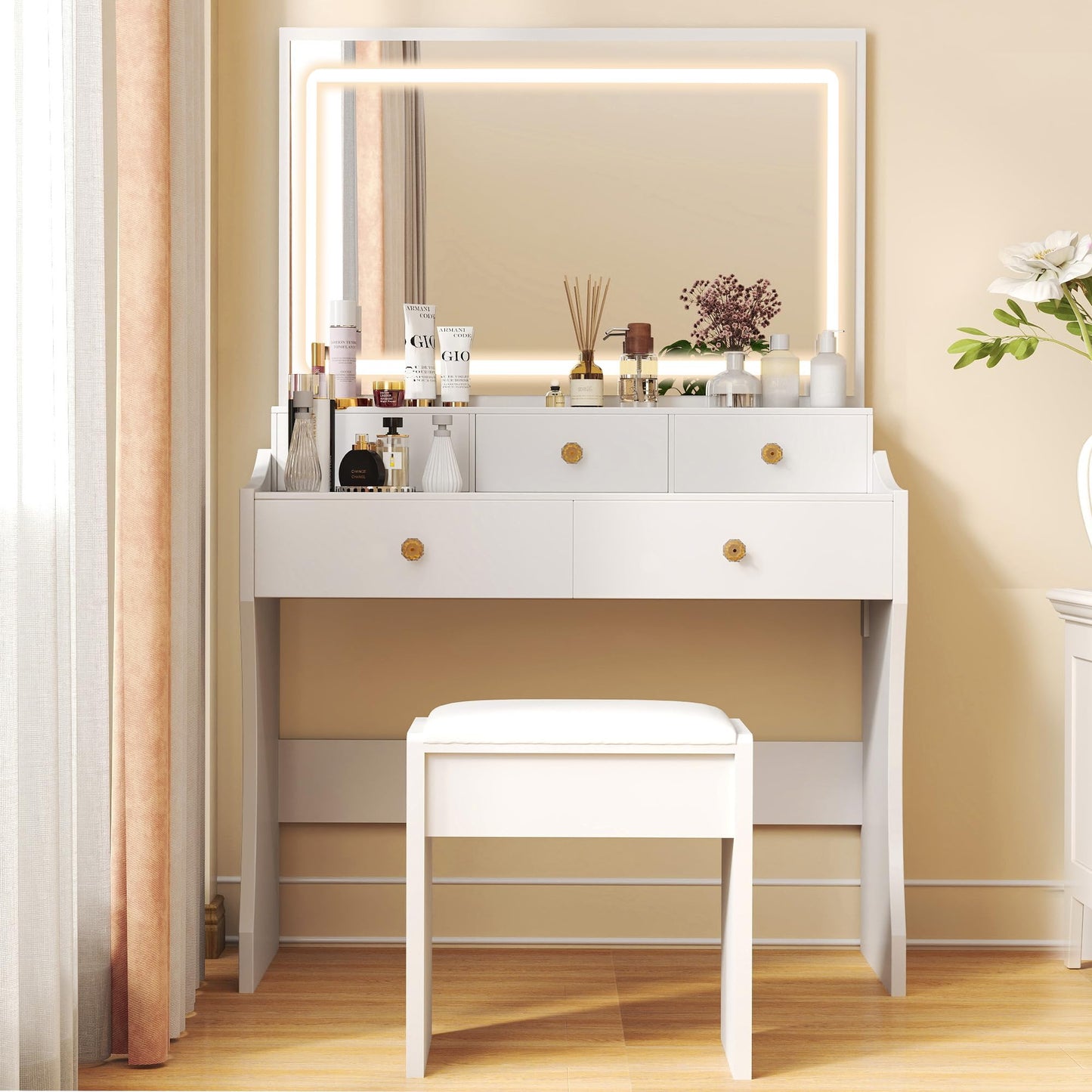 COMHOMA Makeup Vanity Desk with Mirror and Lights, Vanity Table and Chair Set with 5 Drawers and Charging Station, Bedroom Dresser LED Mirror Stepless Dimmable & 3 Color Modes Adjustable, Pearl White