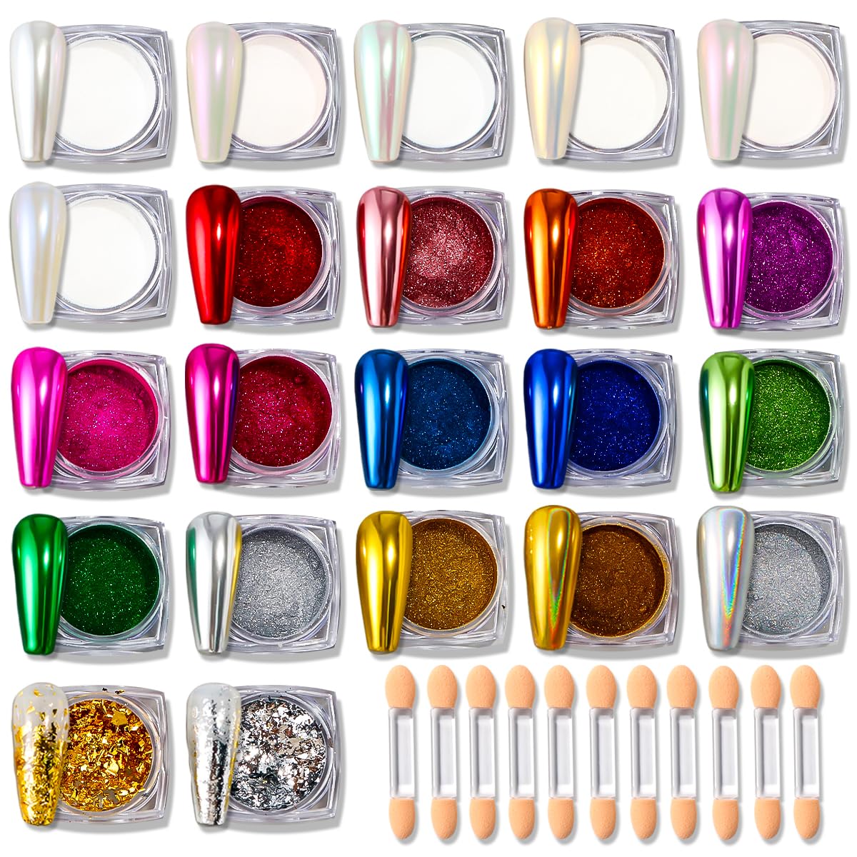 SUTOZMIWE 22 Jars Nail Chrome Powder Set Magic White Pearl Kit Metallic Mirror Effect Gold & Silver Holographic Dip Nail Powder Glitter Nail Chrome Pigment for Manicure Decoration