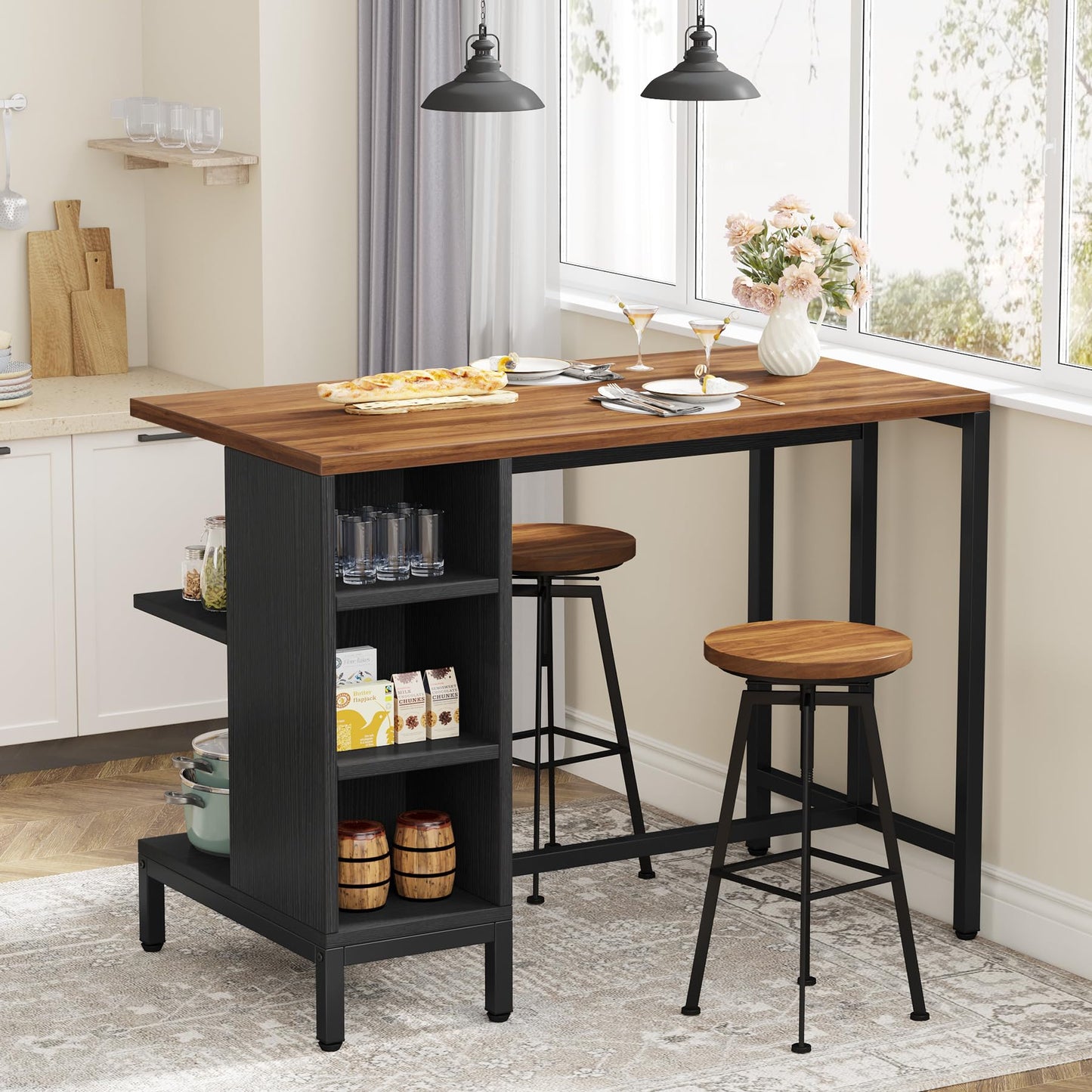Tribesigns Kitchen Island, Kitchen Shelf Bar Table with 5 Open Storage Shelves and Large Worktop, Industrial Butcher Block Island (Stools Not Included)