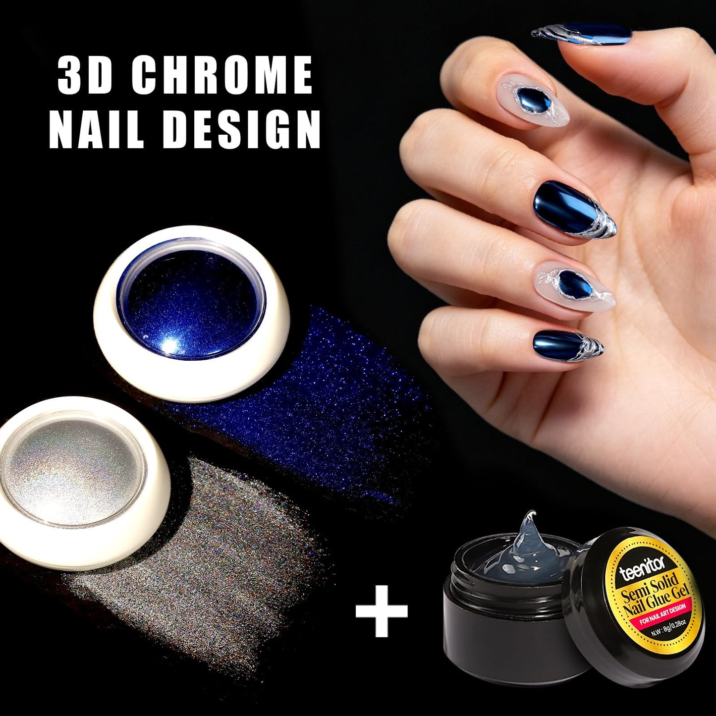 Teenitor Acrylic Nail Kit With Chrome Powder, Almond Tips, Art Brushes, Charms, 3D Gel, Tools, Stand - Beginner Set