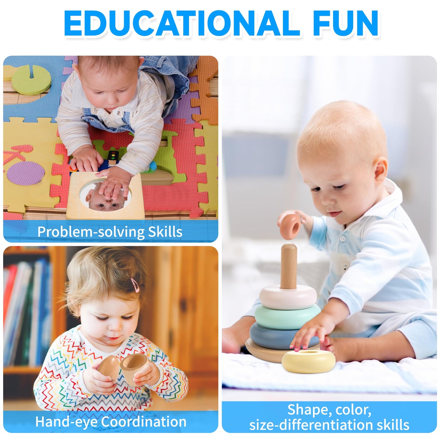 WOODMAM Montessori Toys for Babies 7-12 Months, 9 in 1 Educational Wooden Toys Set, Includes Object Permanent Box, Stacking Cups, Mirror Puzzle, Ring Stacker and More