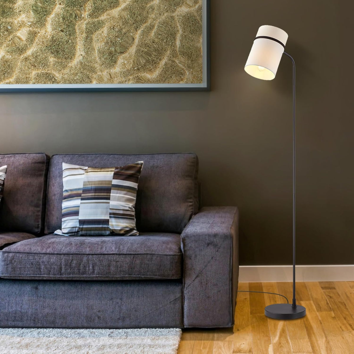 GLOBE Electric 61000145 62" Floor Lamp, Matte Black, White Fabric Shade, in-Line of/Off Foot Switch, 6-Foot Black Cord, Reading Light, Bedroom, Living Room, Home Decor