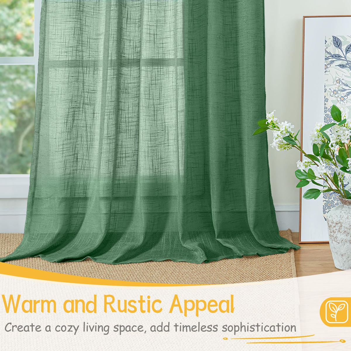 Green Linen Semi Sheer Curtains 72 Inch Length (2 Count)