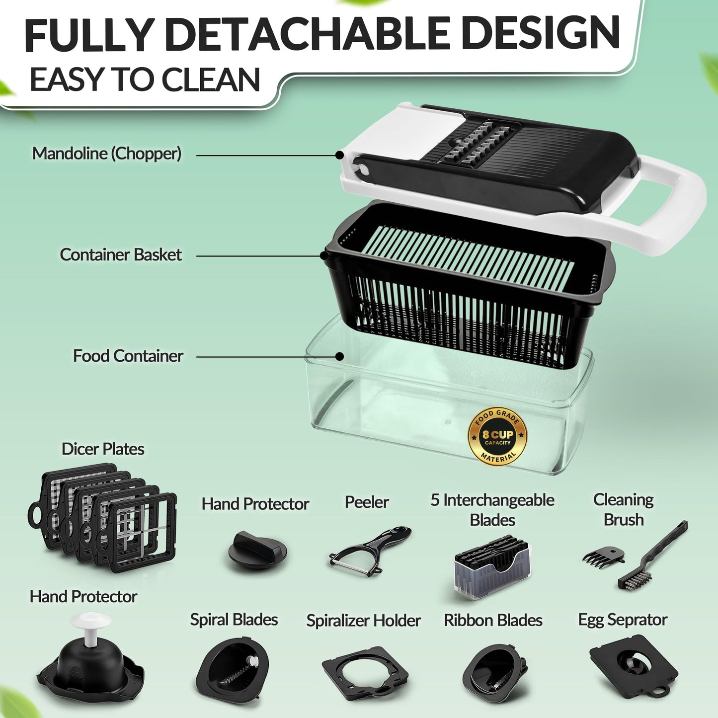 Multifunctional Vegetable Chopper with Container - 12 in-1 Adjustable 8-Blade Fruit & Veggie Chopper with Mandoline Slicer & Dicer | Kitchen Gadgets Food Cutter for Potato, Tomato & Onion (White)