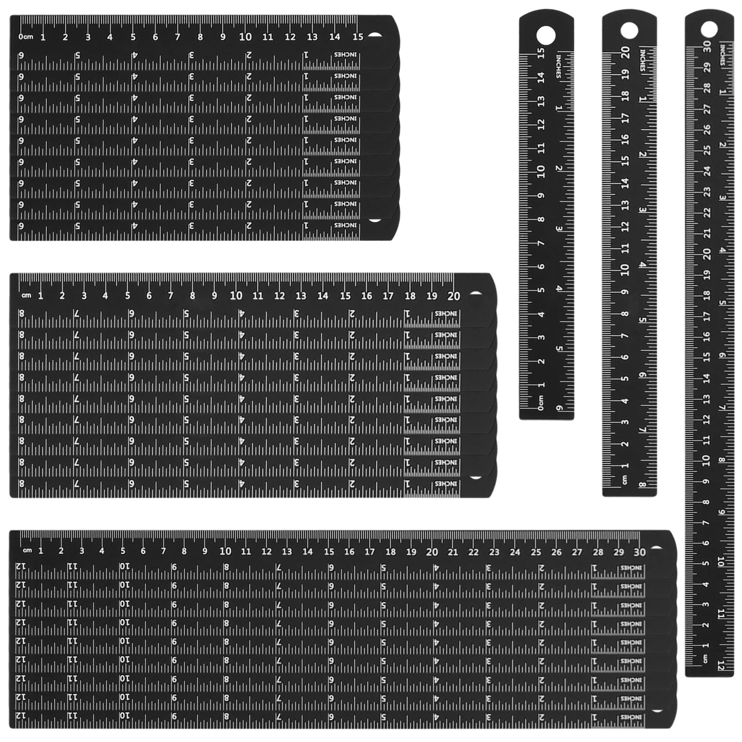 HAKZEON 30 Pack Metal Ruler Set 6/8/12 Inch with Conversion Table, Black Aluminum Alloy Rulers, Straight Edge Ruler Set for Office Engineering, Measuring and Drafting