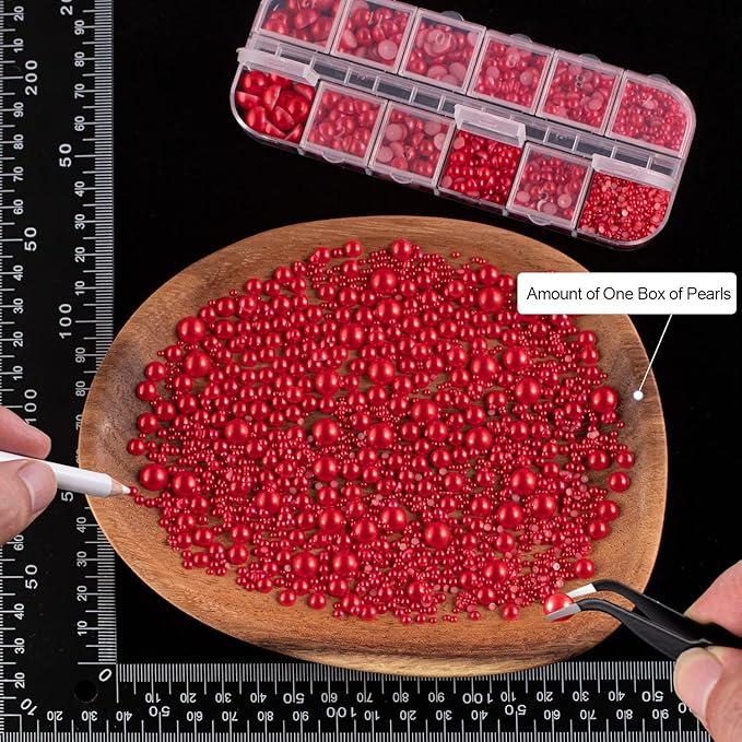 4000PCS Flatback Rhinestones and Half Round Pearls Kit #28, Multi Size Glass Clear Crystals, Plastic Flat Back Red Dome Bead with Pickup Pencil and Tweezer for Nail Art
