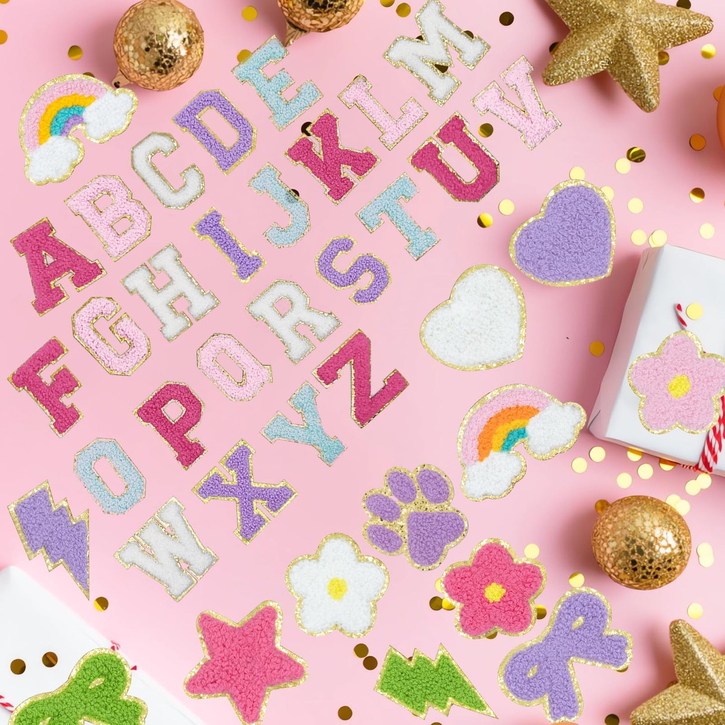86 Pcs Chenille Letter Patches Self Adhesive Iron On Patches for Clothes,Include 52 A-Z Varsity Alphabet,34 Cute Pattern Chenille Patches for DIY Clothing,Bags,Hats,Embroidered Repair
