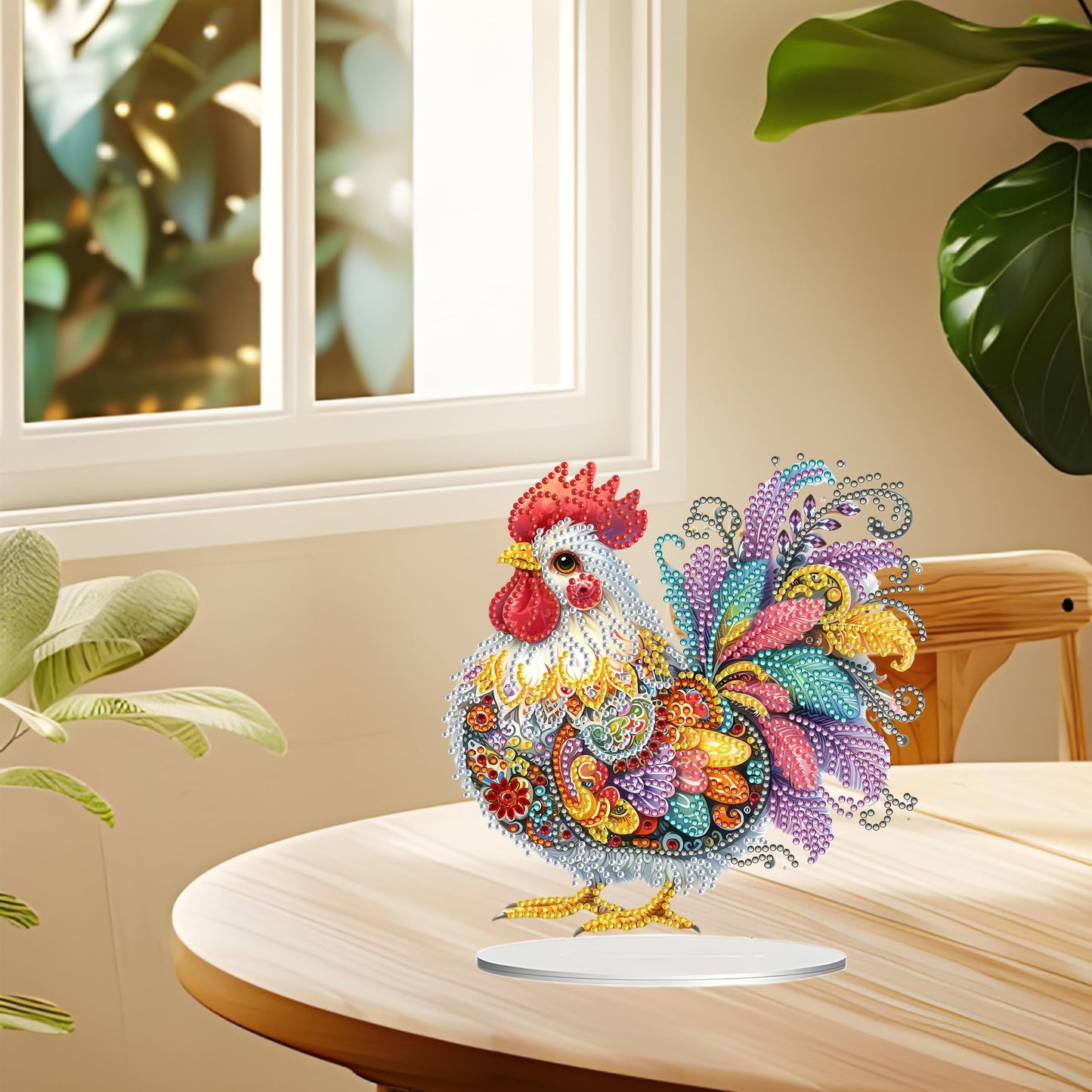 JJFox DIY Tabletop Diamond Art Painting Kit，Special Shaped Rhinestone Desk Placement Ornament，Home Stand Up Gem Painting Craft Kit，Gift,Double Sided. (Rooster-1)