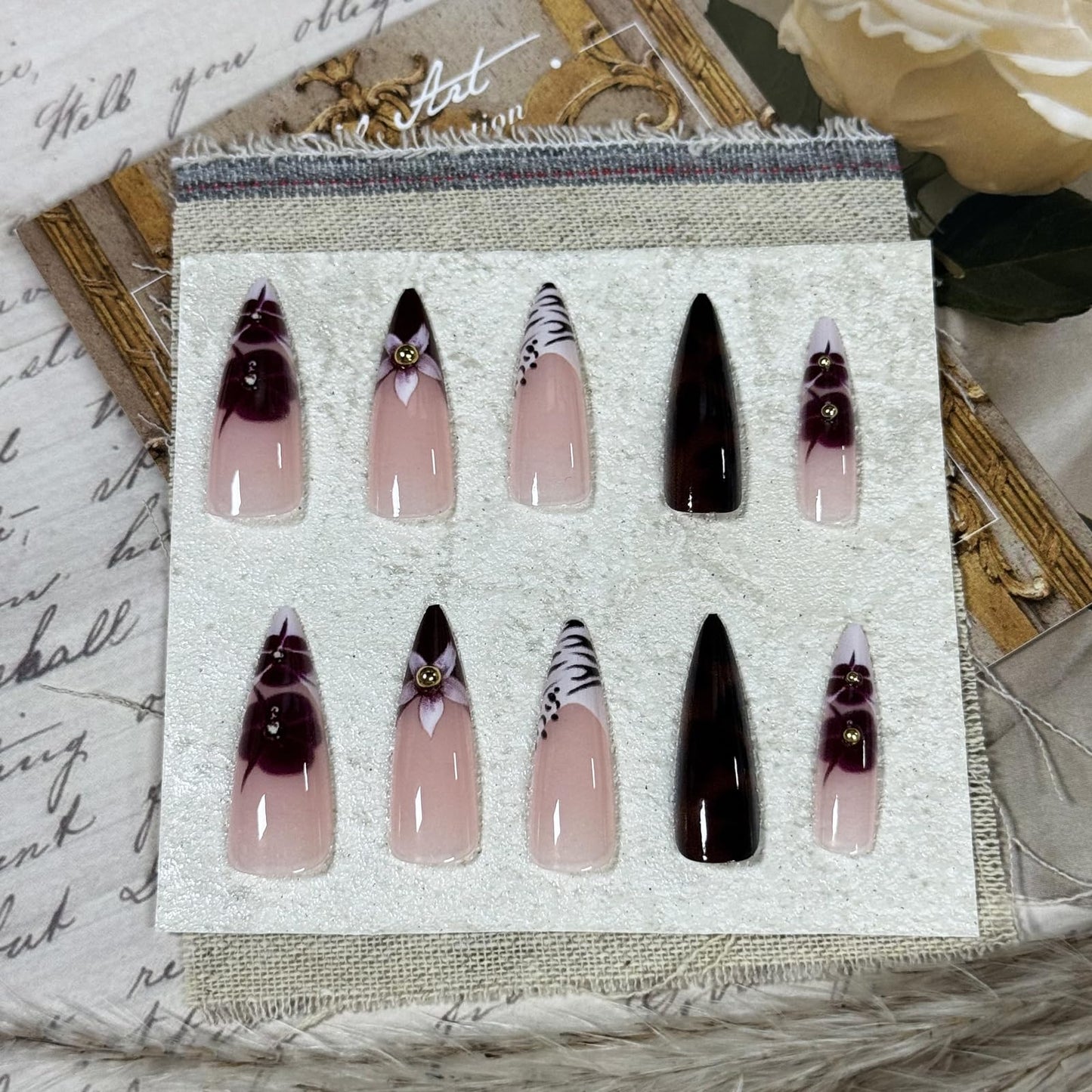 IMRAIN Press on Nails Long Stiletto Fake Nails Red Brown Flower, Leopard Print Designs Fall Glossy Glue on Nails