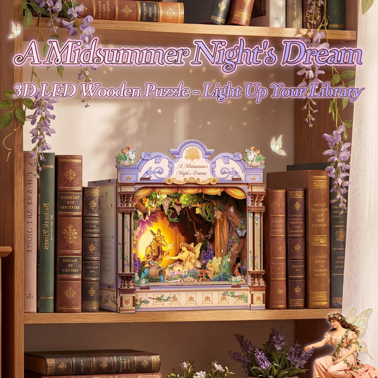 CUTEBEE DIY Miniature House Kit, 3D Wooden Puzzle for Adults, Book Nook Shelf Insert, Shakespeare Literary Gift, Enchanted Forest Miniature Theater Desktop Decor (A Midsummer Night's Dream)
