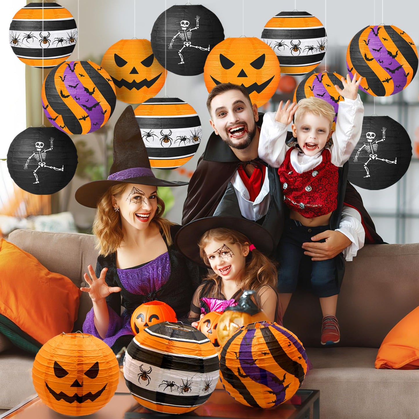Halloween Paper Lanterns, 12 PCS Halloween Hanging Paper Lanterns, Orange Black Purple Spider Skeleton Bat Lanterns for Halloween Party Decorations Indoor Outdoor Spooky Home Decor