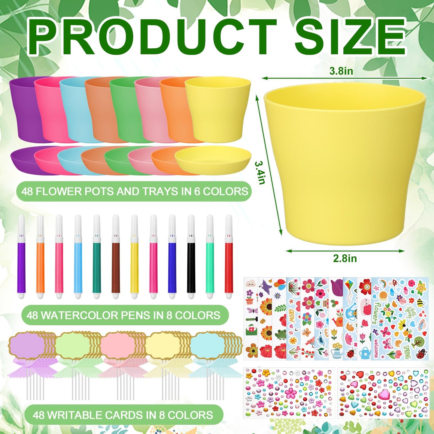 Funnymoom 48 Pcs Garden Plastic Paintable Flower Pot Craft Kit DIY Painting Flower Pots with Watercolor Stickers Pipe Cleaners Growing Kits for Home Summer Mother's Day Fun Activity (Clean)