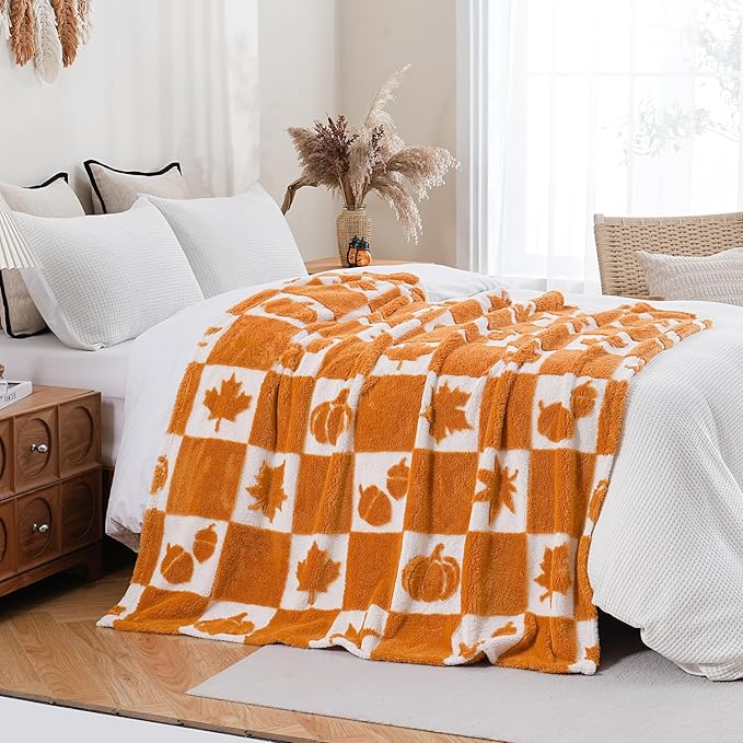SOCHOW Fall Decor Jacquard Throw Blanket, Fuzzy Soft Warm Pumpkin Maple Leaves Plaid Autumn Checkered Blanket for Couch, Sofa and Bed, 50 x 60 Inches, Orange/White
