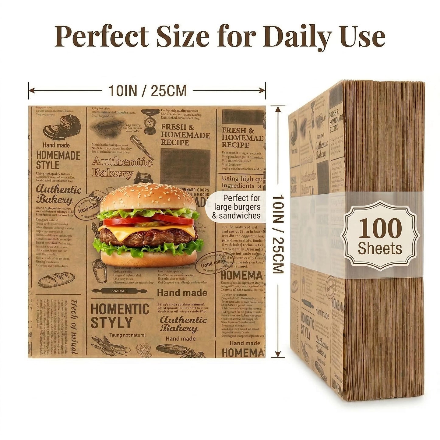 100Pcs Newspaper Sandwich Wrapping Paper Sheets, 10''x10'' Printed Parchment Deli Food Wrap, Non-Stick Greaseproof Basket Liners Wax Baking Linings